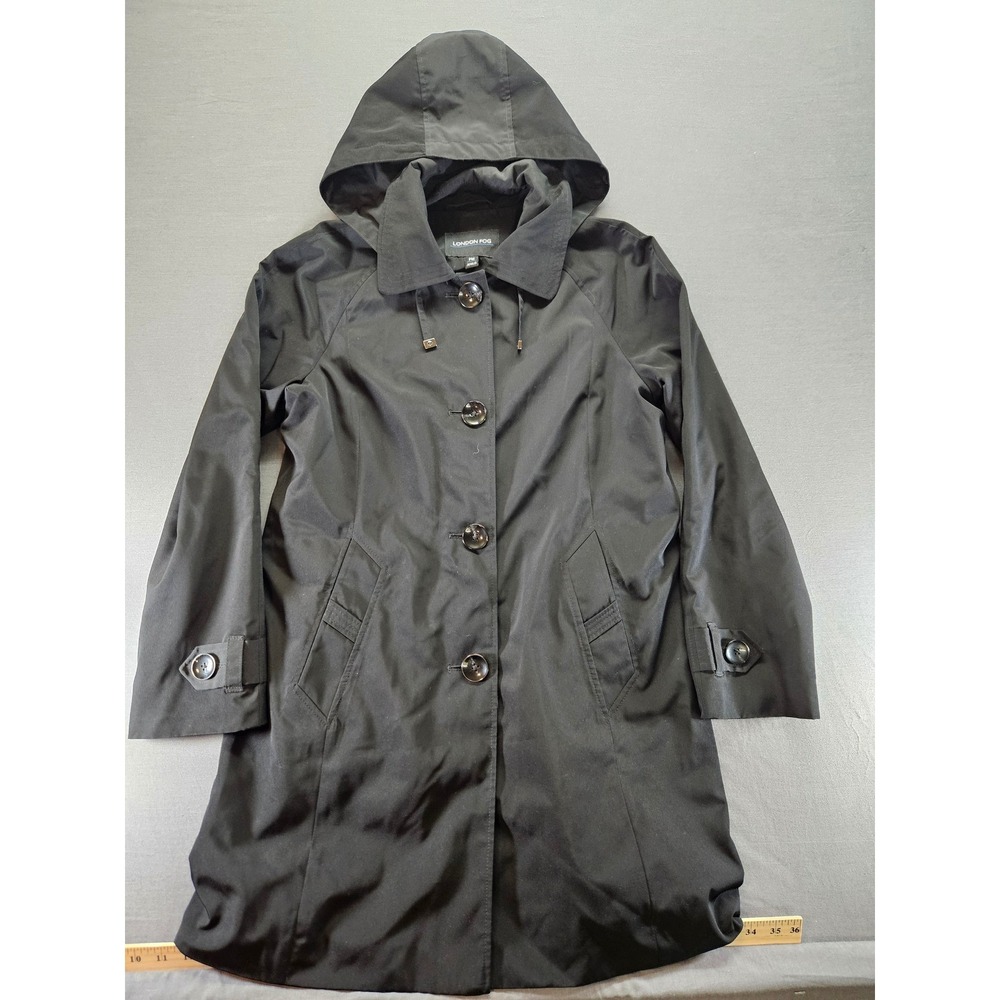 London Fog Womens Black Hooded Trench Coat Rain Jacket Petite Medium PM